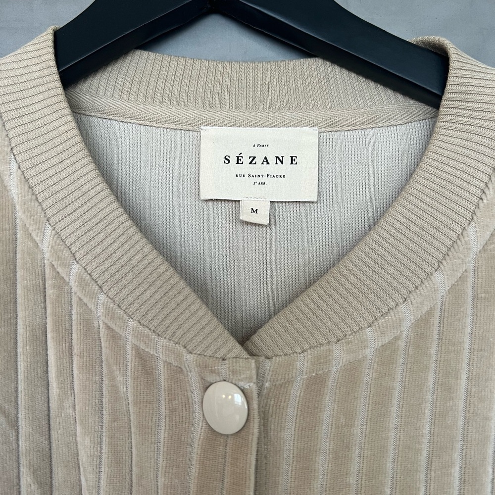 Sezane Neutral Beige Ribbed Velvet Button Cardigan Jacket - Picture 2 of 2